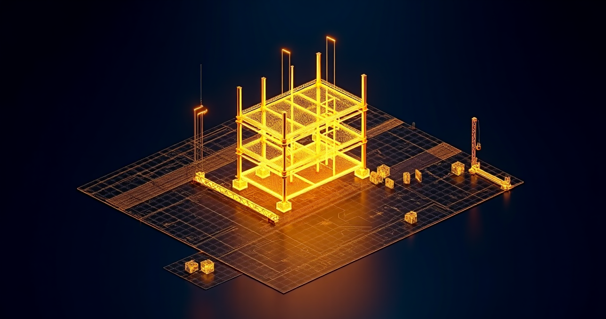 Golden wireframe scaffolding under construction on architectural grid representing minimal agent harness infrastructure