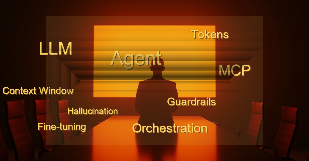 Executive at a whiteboard covered in AI technical terms, translating complex concepts into plain English for a business audience