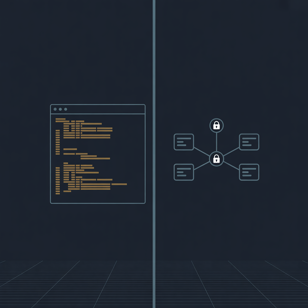 Split view showing a terminal window on the left and a connected network diagram on the right, representing CLI and MCP approaches
