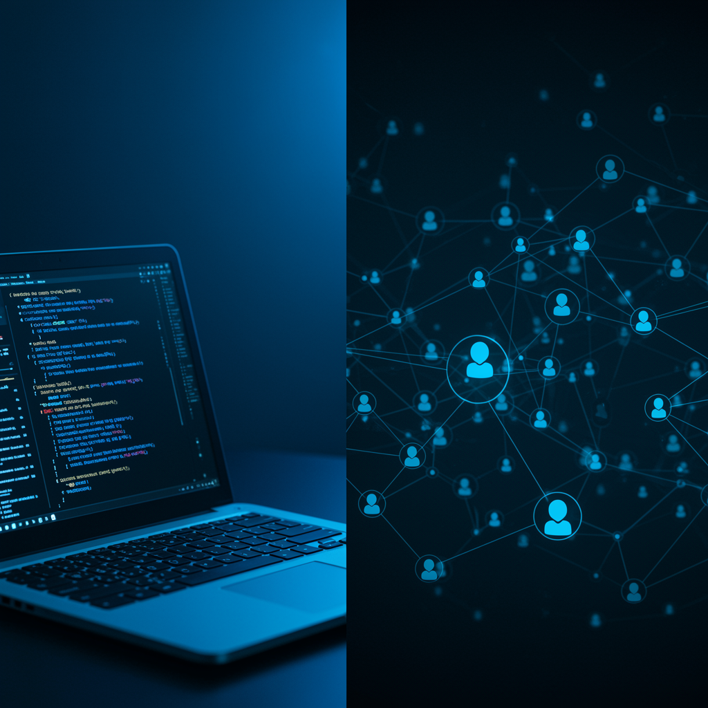 Split view showing a laptop with organized code on the left and a network of connected AI agents on the right