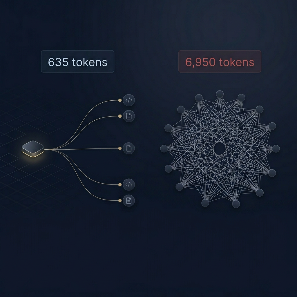 FastMCP CodeMode Hub architecture showing 28 tools collapsing to 3 meta-tools with 91% token reduction
