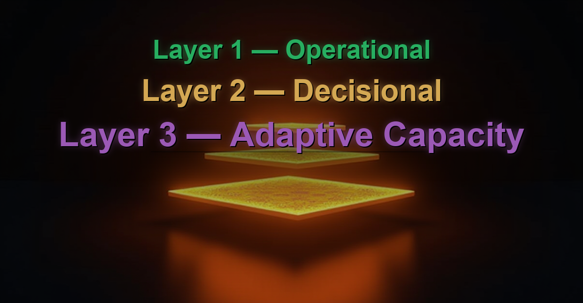 Three stacked measurement layers representing operational, decisional, and adaptive capacity metrics for agentic AI impact assessment