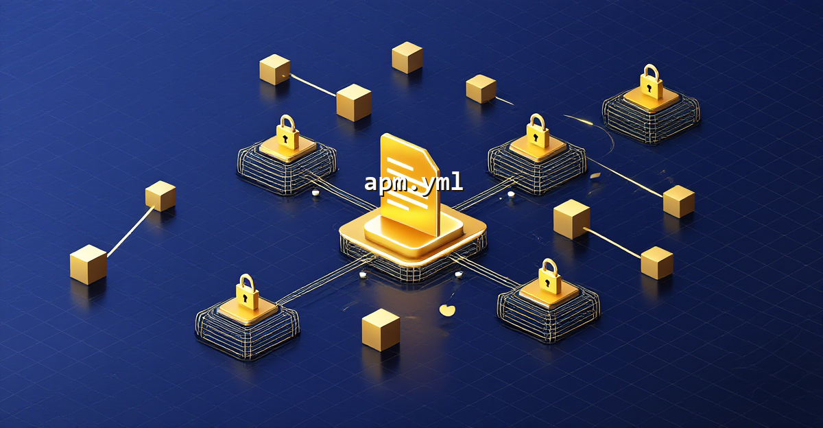 Golden isometric package manager diagram showing interconnected dependency nodes, lock icons, and a central apm.yml manifest on a dark blue grid